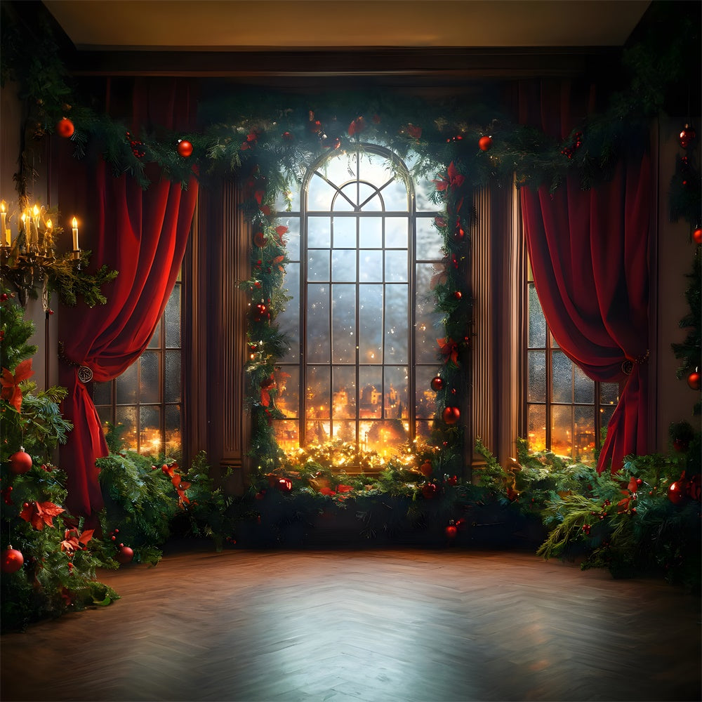Toile de fond Fenêtre Boules et Couronne de Noël RR8-67