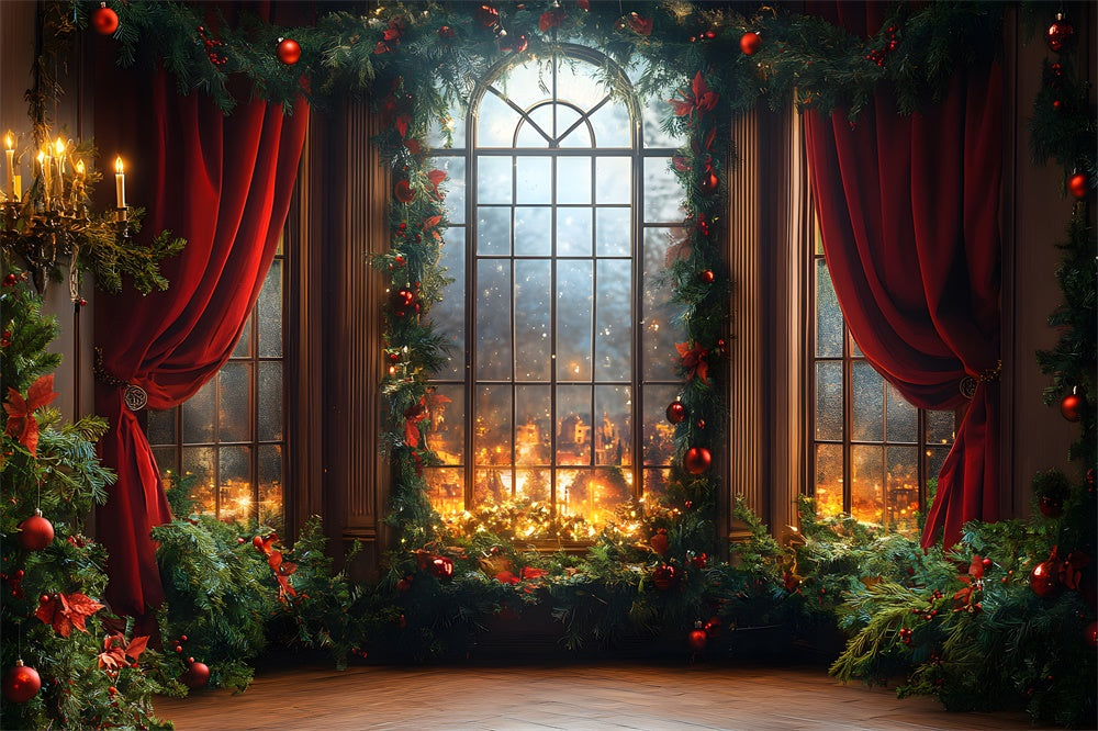 Toile de fond Fenêtre Boules et Couronne de Noël RR8-67