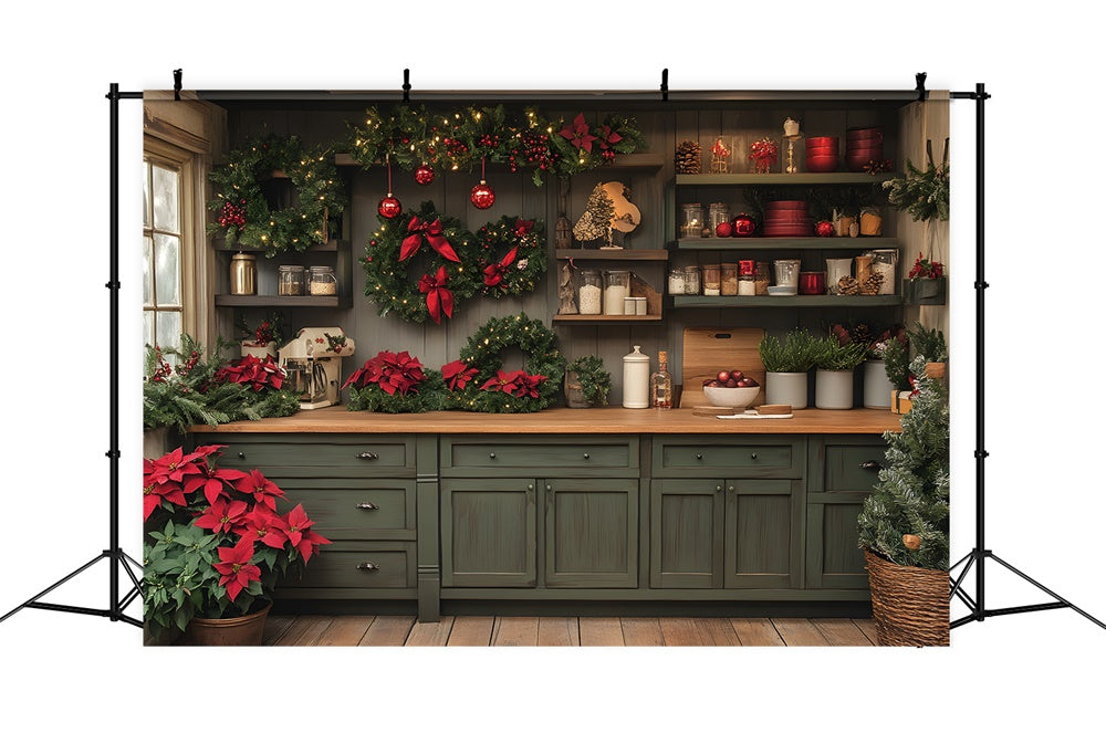 Toile de fond Cuisine Verte Boules et Couronne de Noël RR8-74
