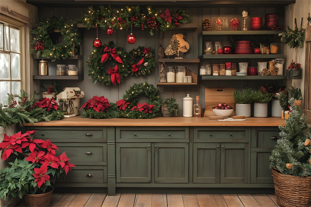 Toile de fond Cuisine Verte Boules et Couronne de Noël RR8-74