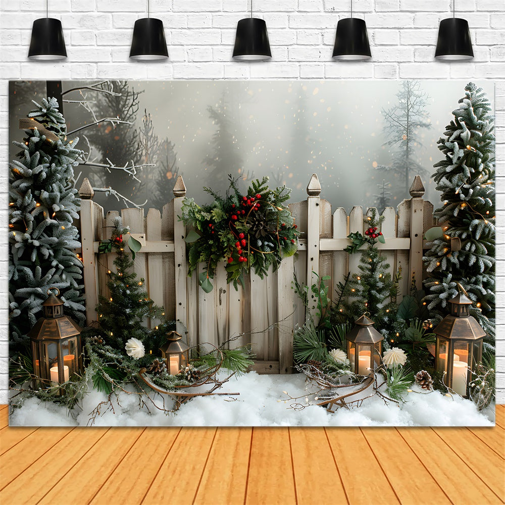 Toile de fond Hivernale Neige Sapins Barrière RR8-8
