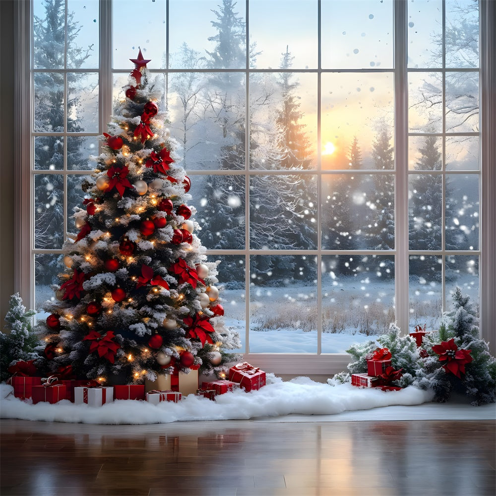 Toile de fond Fenêtre Sapins Forêt Enneigée de Noël RR8-82