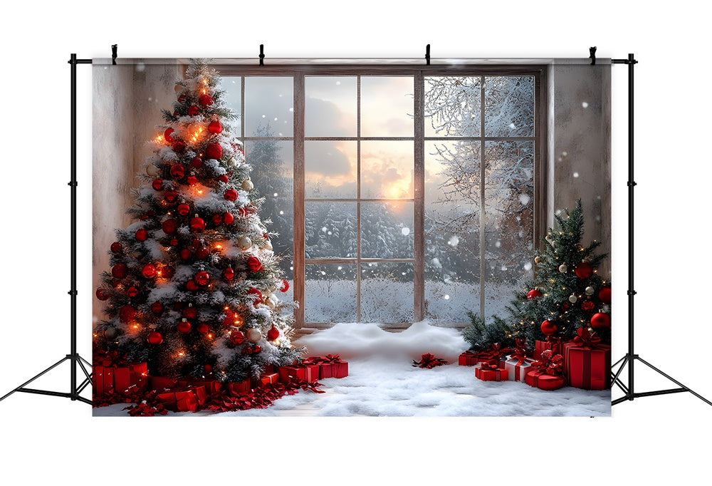 Toile de fond Fenêtre Vue Forêt Enneigée de Noël RR8-83
