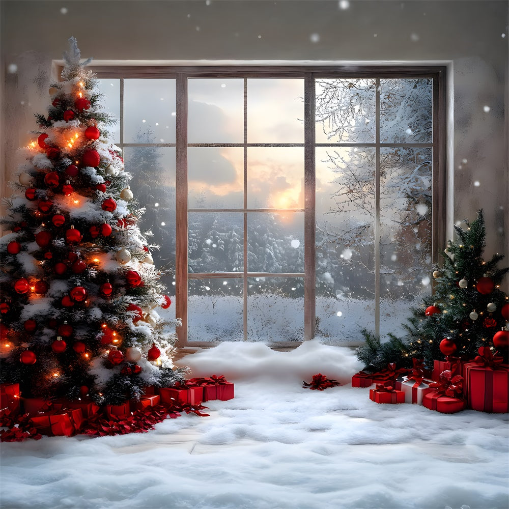 Toile de fond Fenêtre Vue Forêt Enneigée de Noël RR8-83