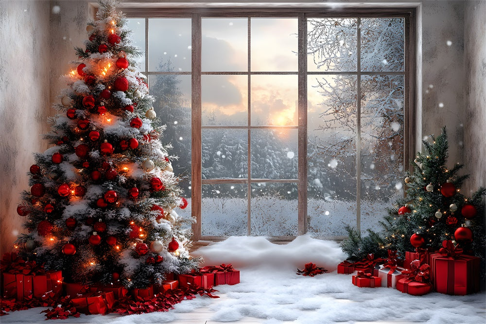 Toile de fond Fenêtre Vue Forêt Enneigée de Noël RR8-83
