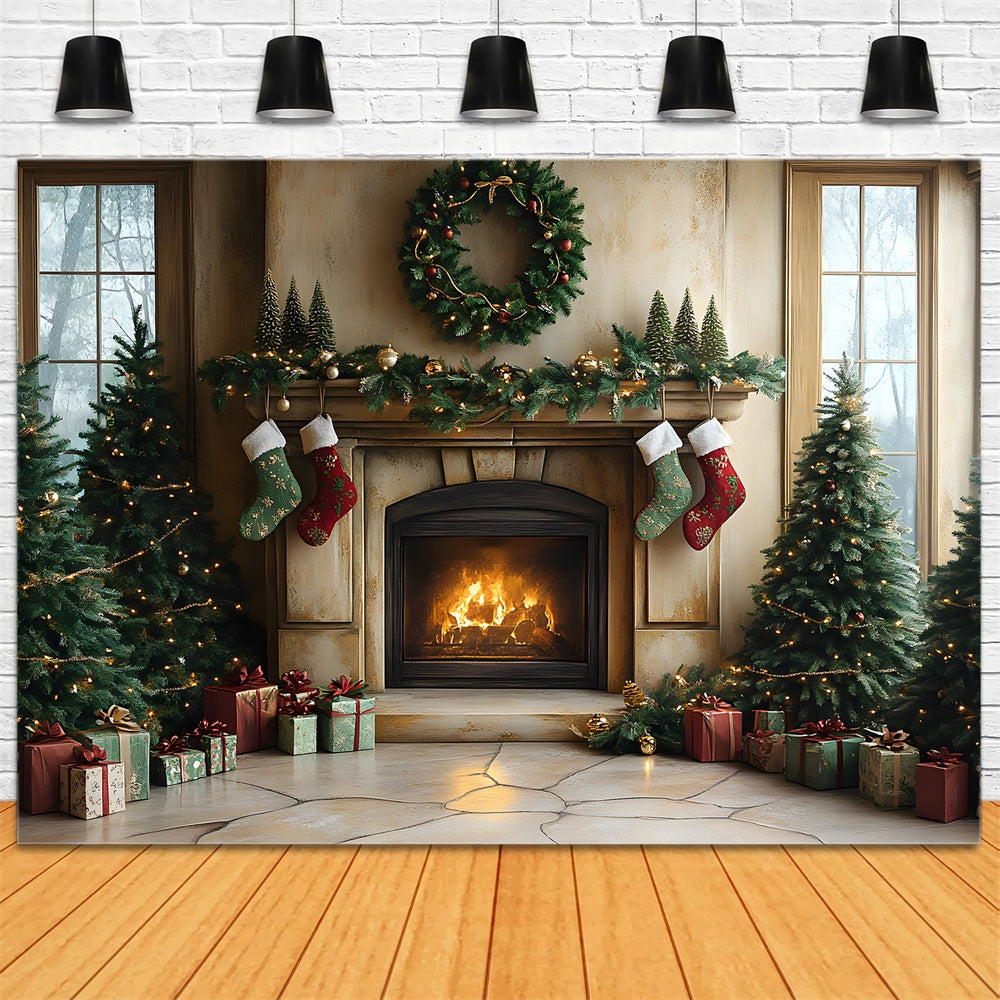 Toile de fond Sapin Cheminée et Chaussettes de Noël RR8-94