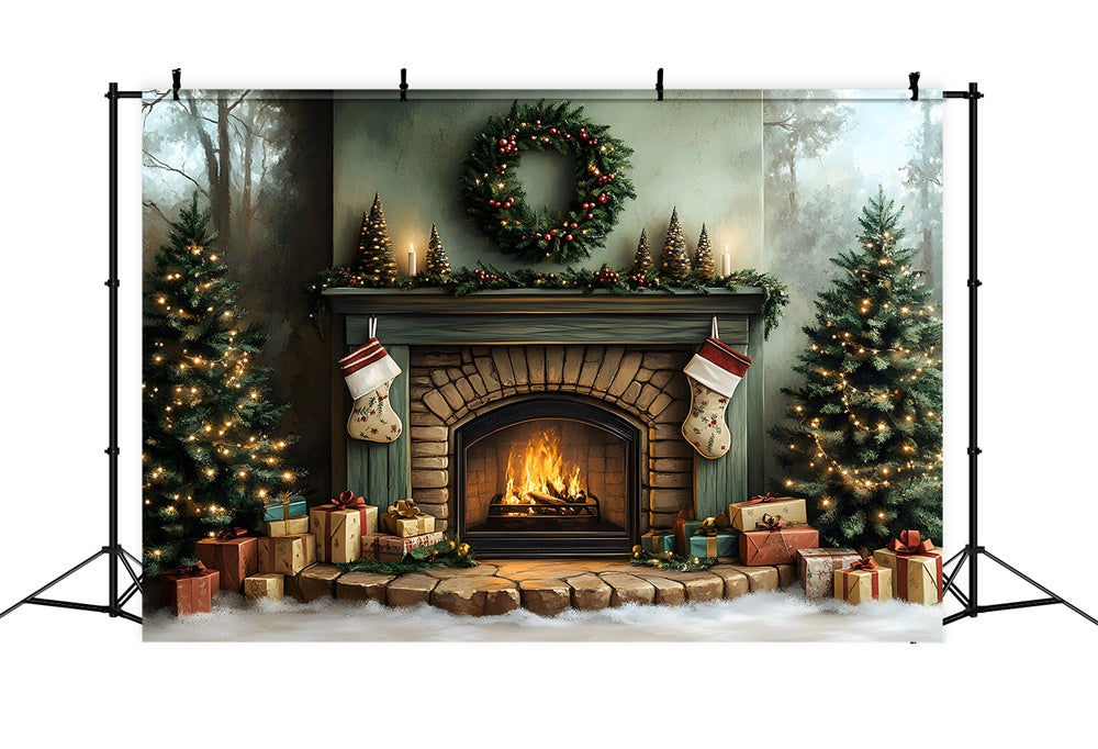 Toile de fond Sapins Couronne Cheminée de Noël RR8-96