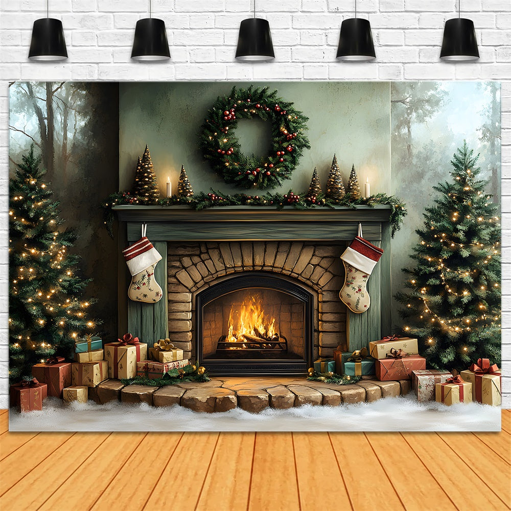 Toile de fond Sapins Couronne Cheminée de Noël RR8-96