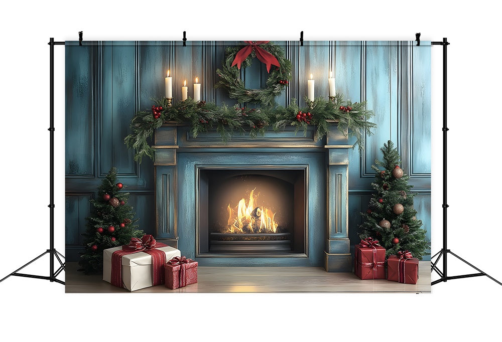 Toile de fond Mur Rétro Bleu Cheminée de Noël RR8-97