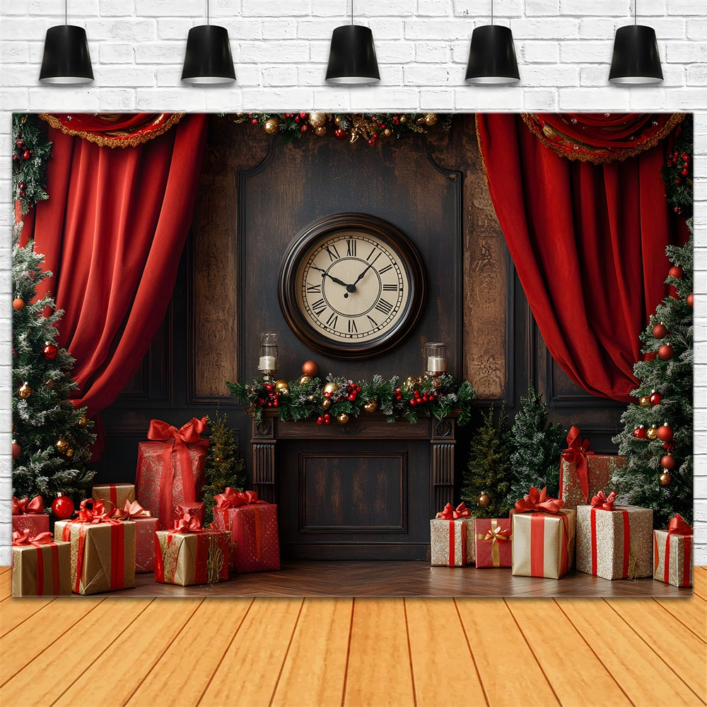 Toile de fond Horloge vintage avec rideaux et sapins de Noël RR9-52