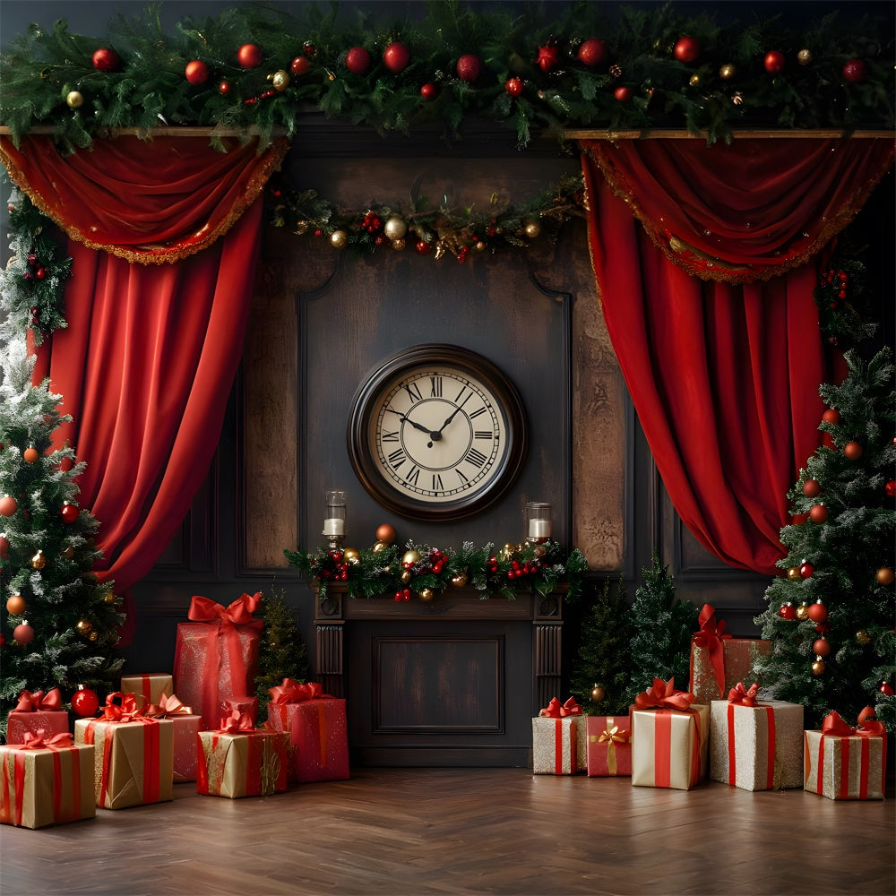 Toile de fond Horloge vintage avec rideaux et sapins de Noël RR9-52