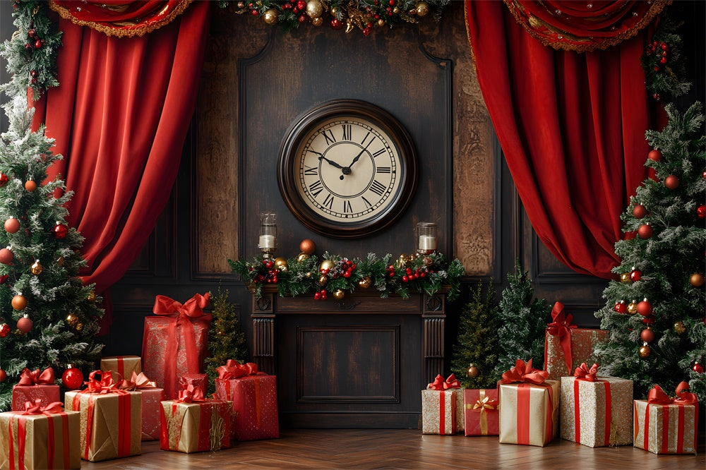 Toile de fond Horloge vintage avec rideaux et sapins de Noël RR9-52