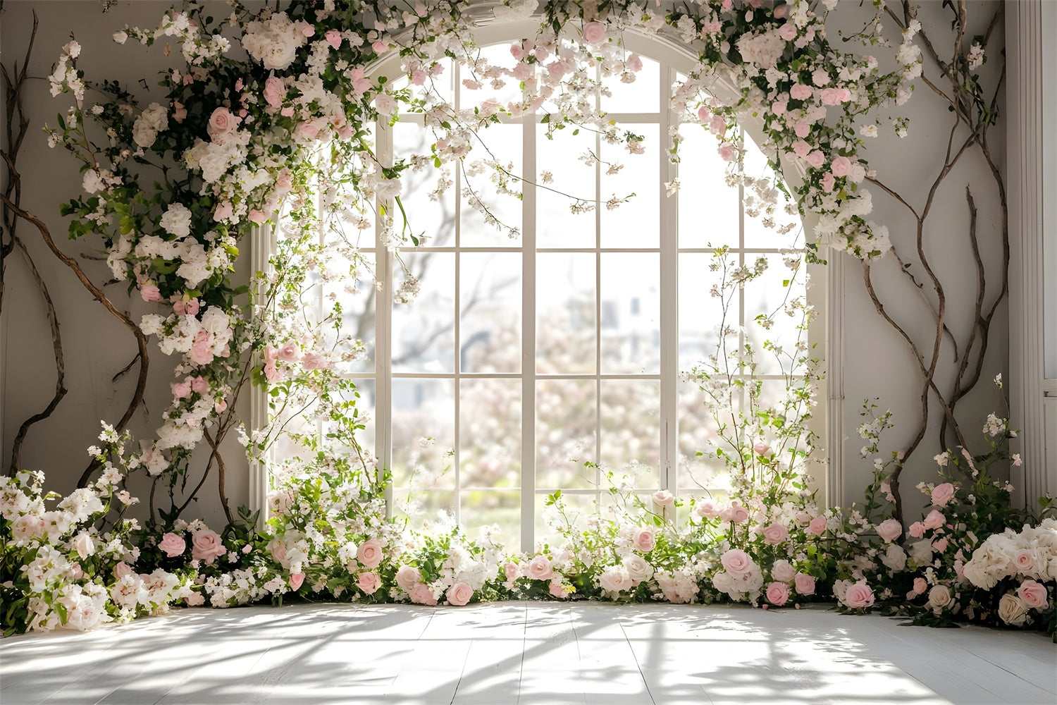 Fond Photo Printemps Fenêtre Romantique Arche de Rose TWW2-15