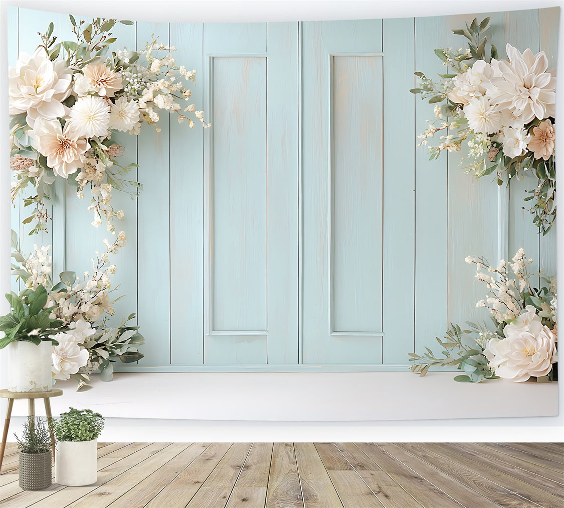 Fond Photo Printemps Arche Florale Mur Bleu TWW2-26
