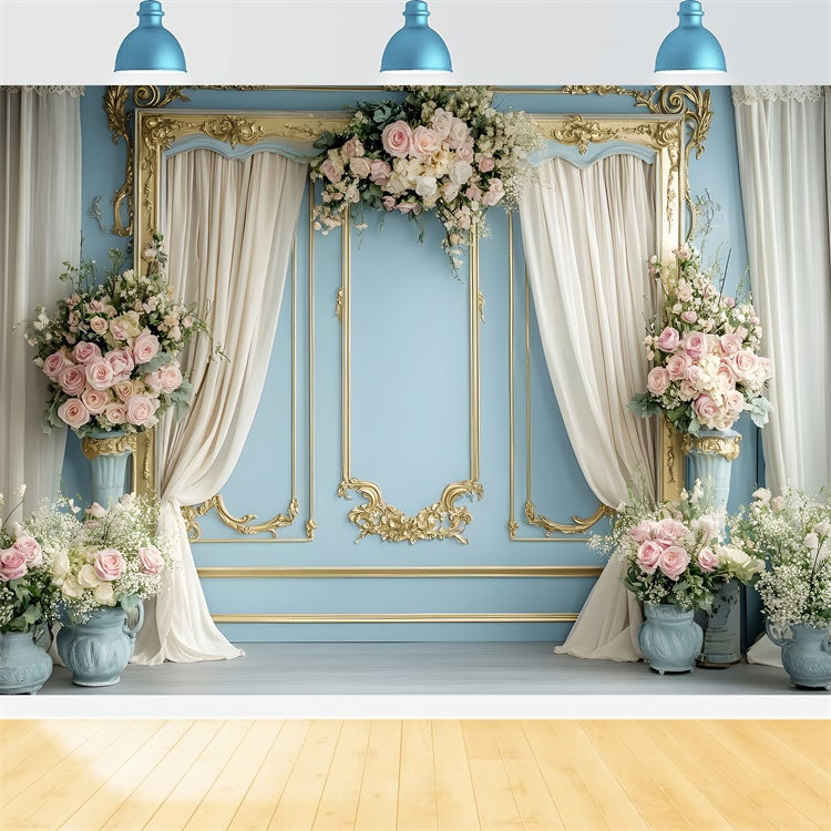 Fond Photo Printemps Cadre Doré Fleurs Romantiques TWW2-28