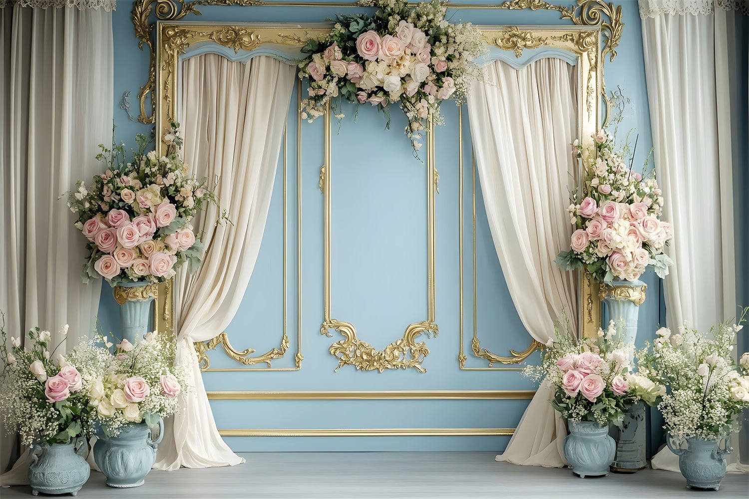 Fond Photo Printemps Cadre Doré Fleurs Romantiques TWW2-28