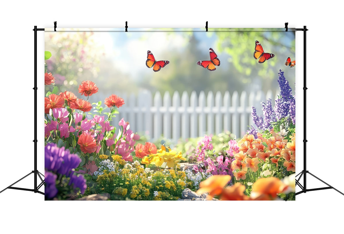 Fond Photo Printemps Jardin de Papillons Clôture Blanche TWW2-34