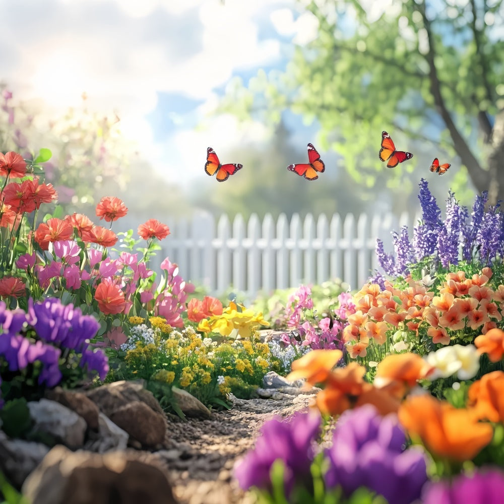 Fond Photo Printemps Jardin de Papillons Clôture Blanche TWW2-34
