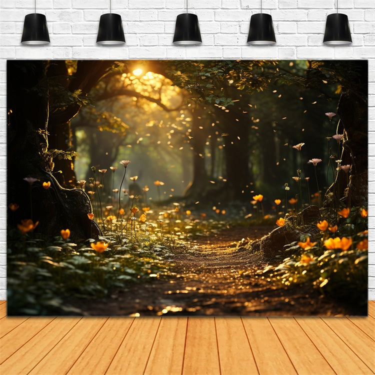 Fond Photo Printemps Sentier Fleuri Ensoleillé Forêt TWW2-37