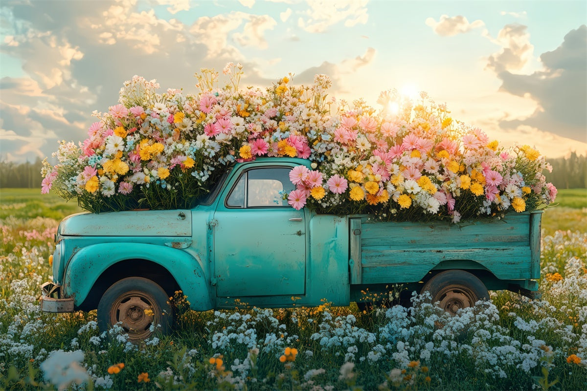 Fond Photo Printemps Camion Vintage Fleurs Sauvages Vibrantes TWW2-40