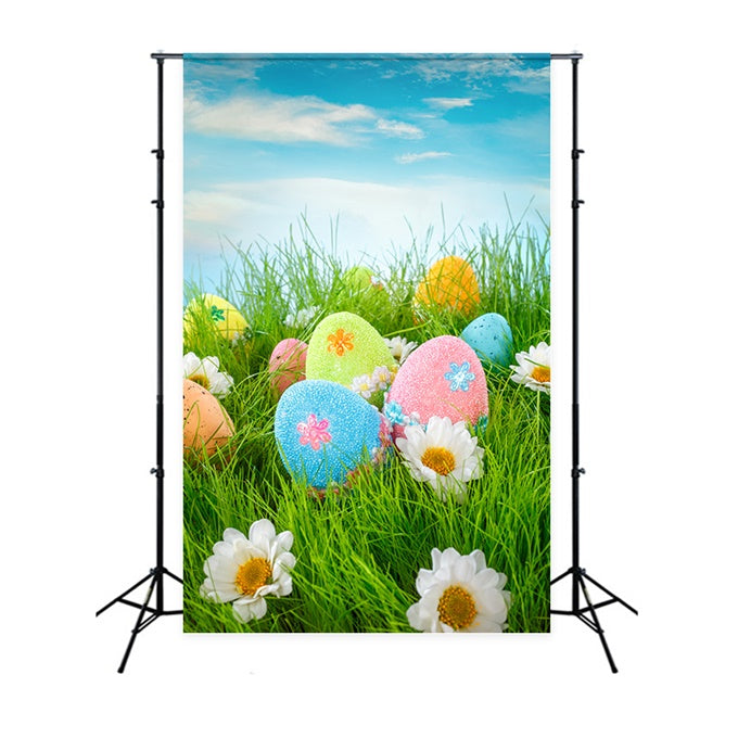 Toile de fond paque Ciel Bleu Fleurs et Œufs TWW3-20