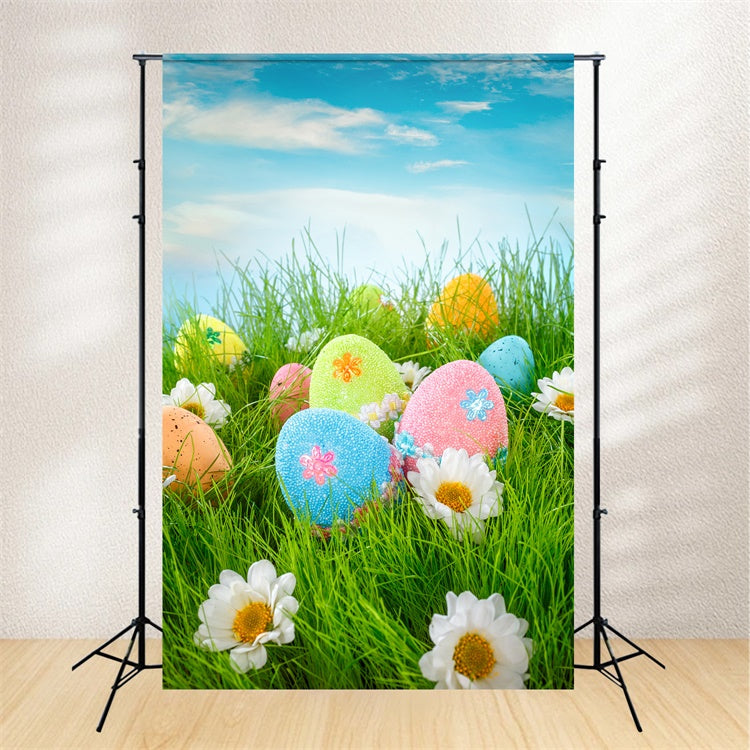 Toile de fond paque Ciel Bleu Fleurs et Œufs TWW3-20