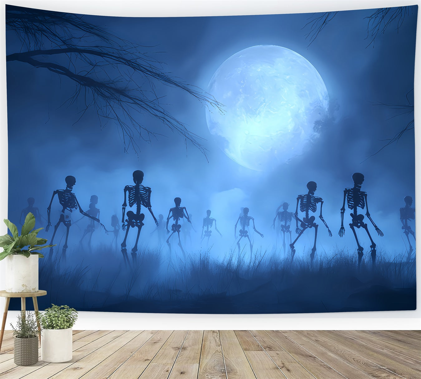 Fond fantôme d'Halloween Squelettes se levant sous la lune bleue Fonds effrayants d'Halloween TWW510-10