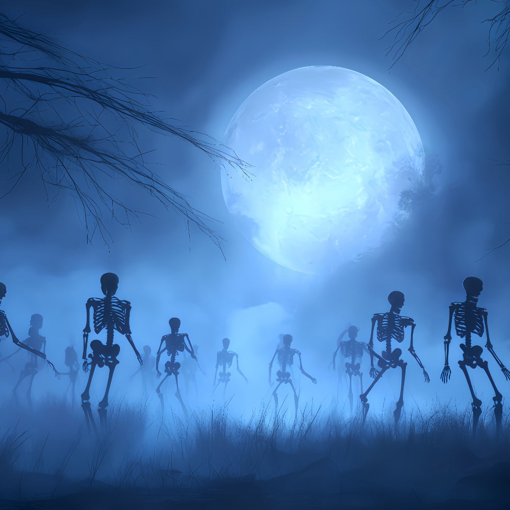 Fond fantôme d'Halloween Squelettes se levant sous la lune bleue Fonds effrayants d'Halloween TWW510-10
