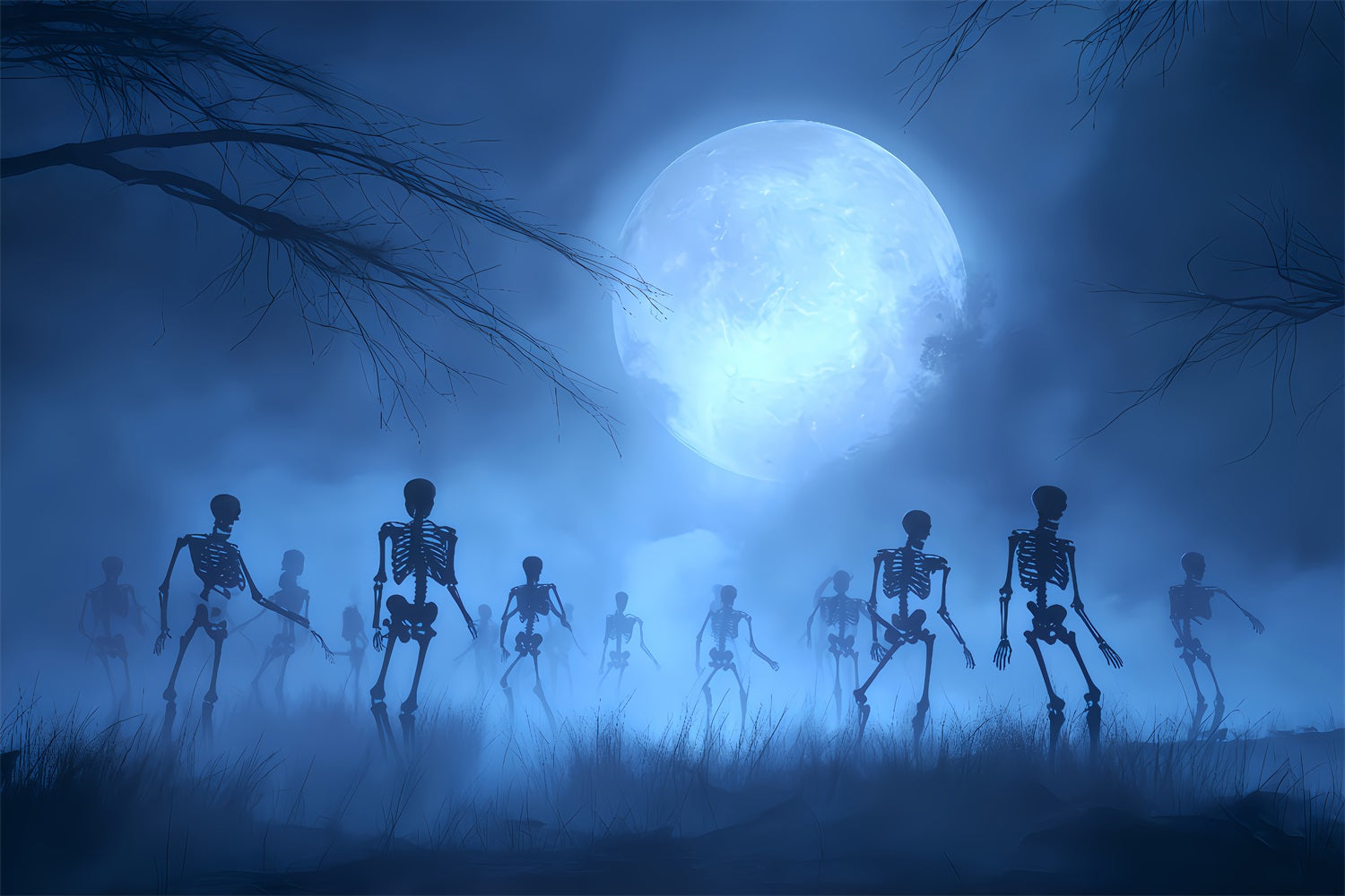 Fond fantôme d'Halloween Squelettes se levant sous la lune bleue Fonds effrayants d'Halloween TWW510-10