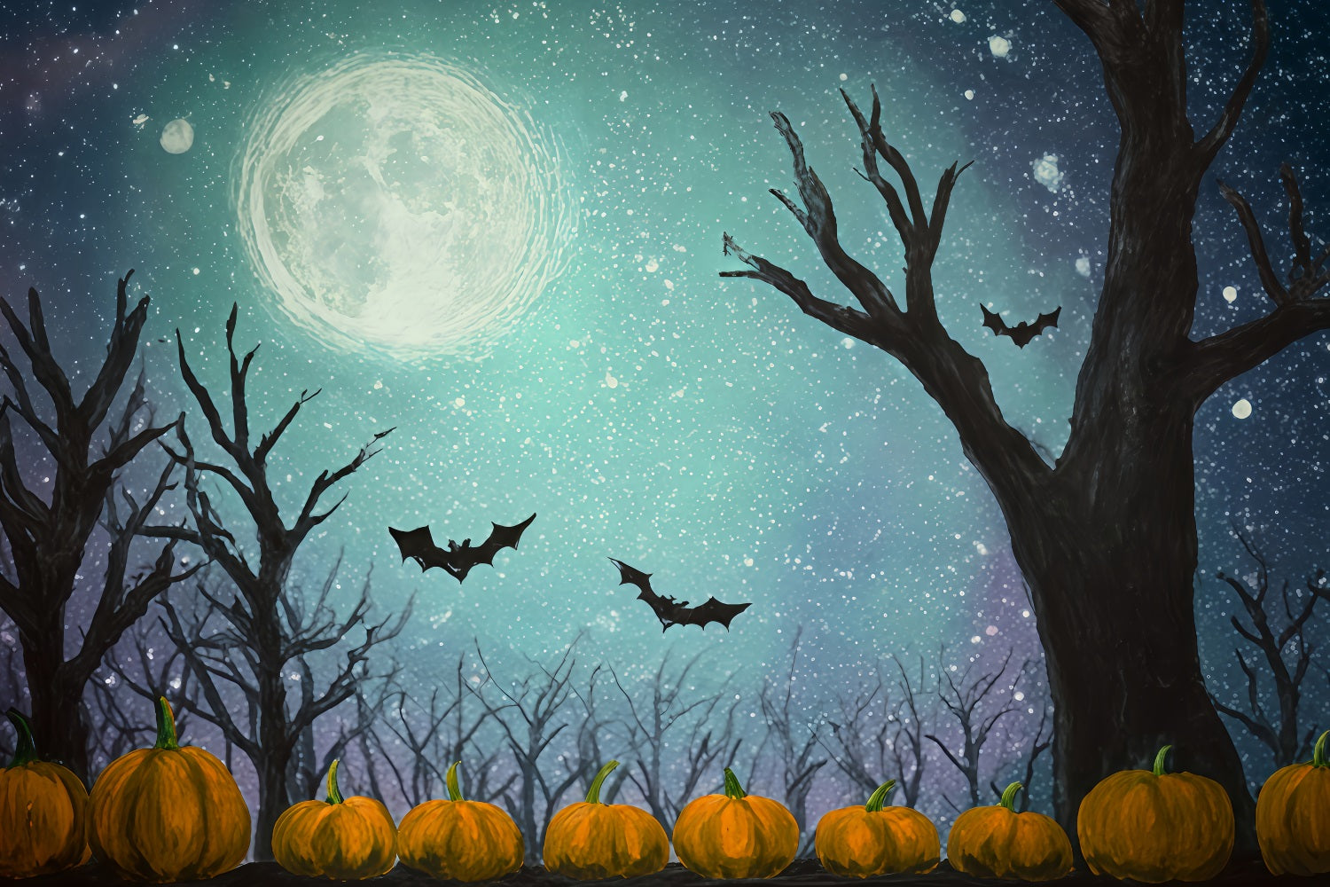 Fond Halloween Lune Chauves-souris Citrouilles Clair de lune étoilé Fonds photo Halloween TWW510-17