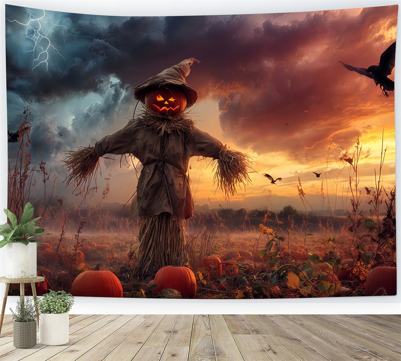 Fond forêt hantée Citrouille Épouvantail Champ orageux Fond Halloween effrayant TWW510-18