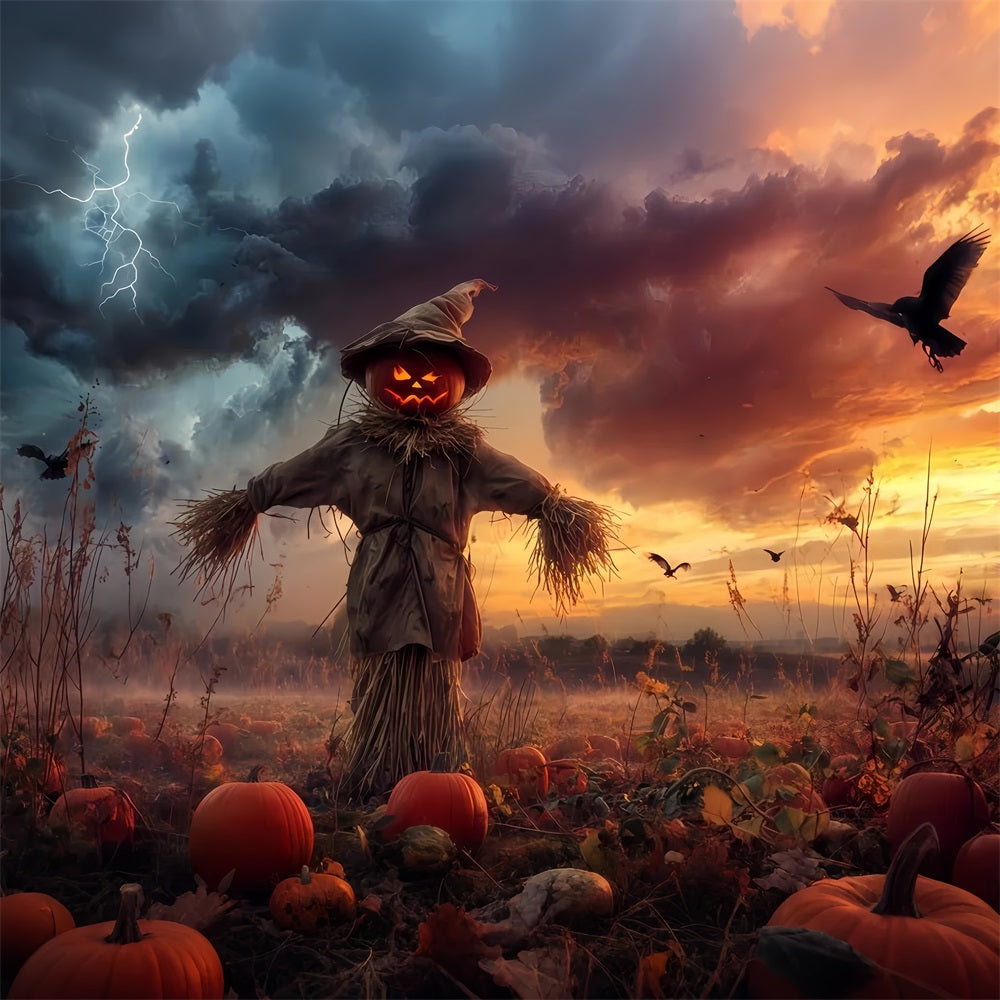 Fond forêt hantée Citrouille Épouvantail Champ orageux Fond Halloween effrayant TWW510-18