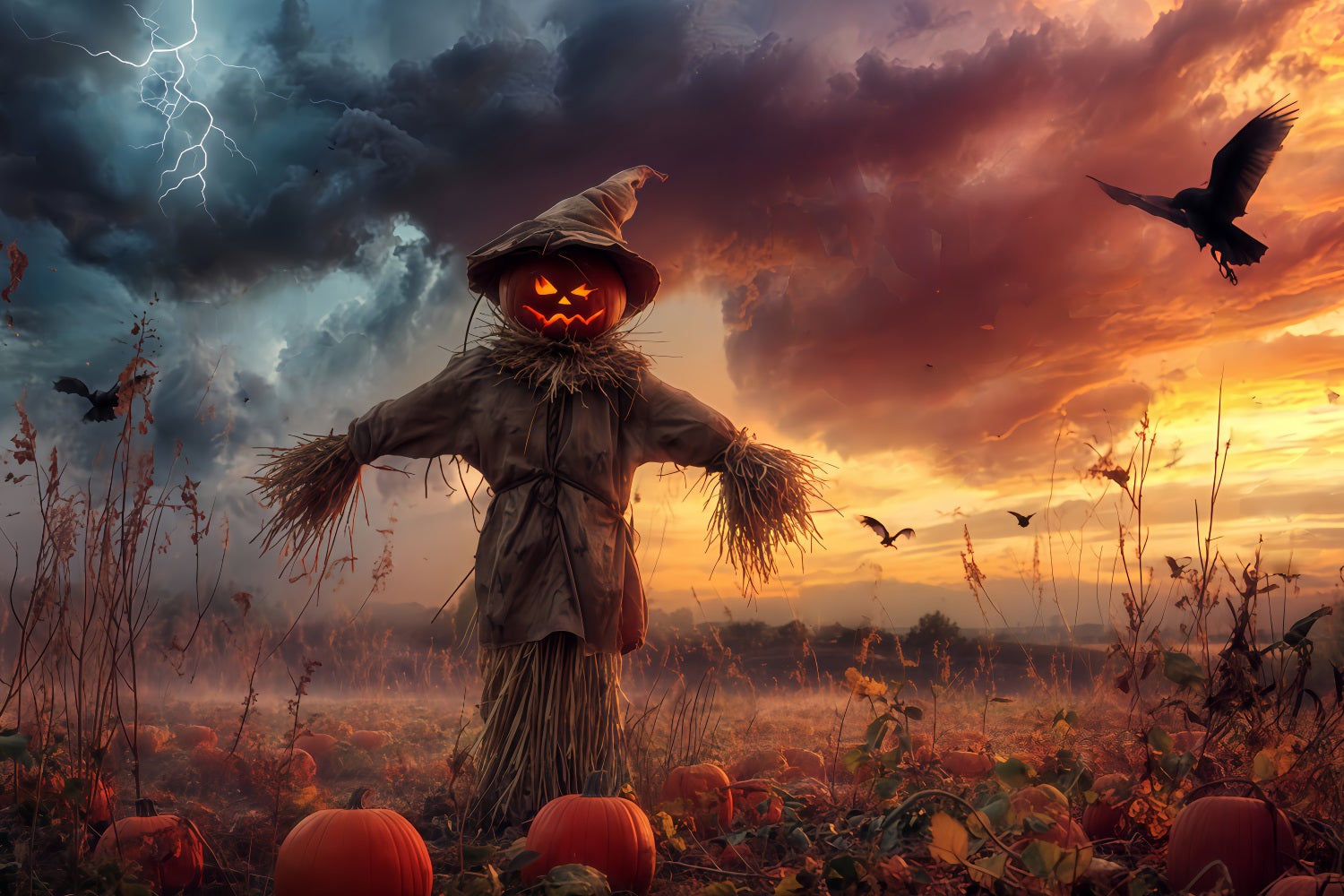 Fond forêt hantée Citrouille Épouvantail Champ orageux Fond Halloween effrayant TWW510-18