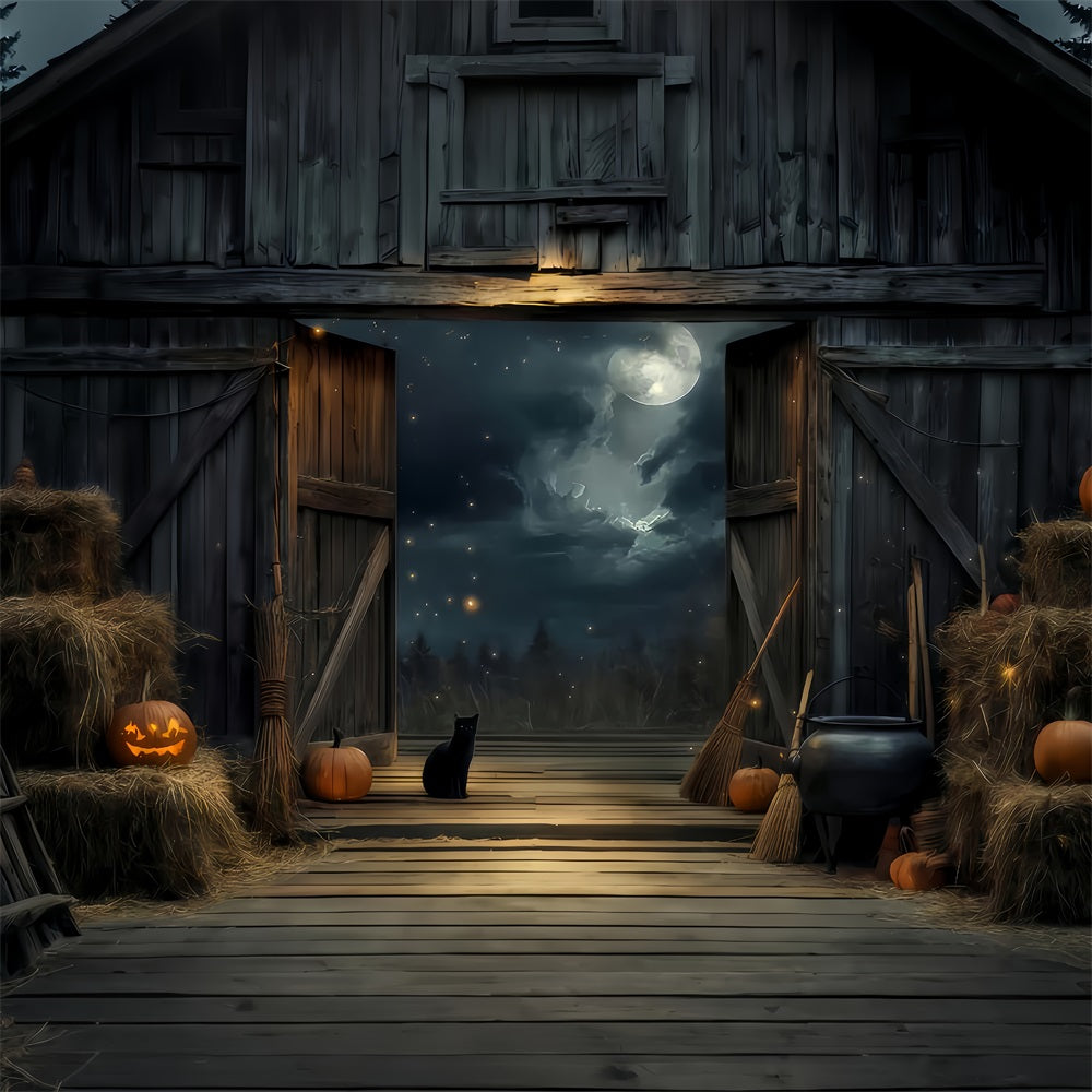Fond couleur Halloween Chat noir Grange Clair de lune Fond Halloween TWW510-21