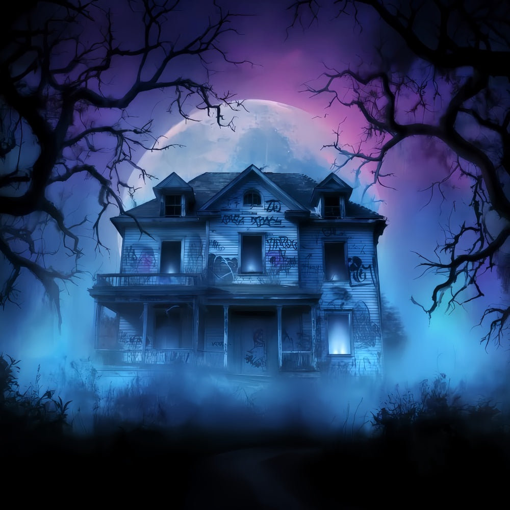 Fond manoir hanté Maison abandonnée Brume nocturne Fond Halloween pour photos TWW510-24