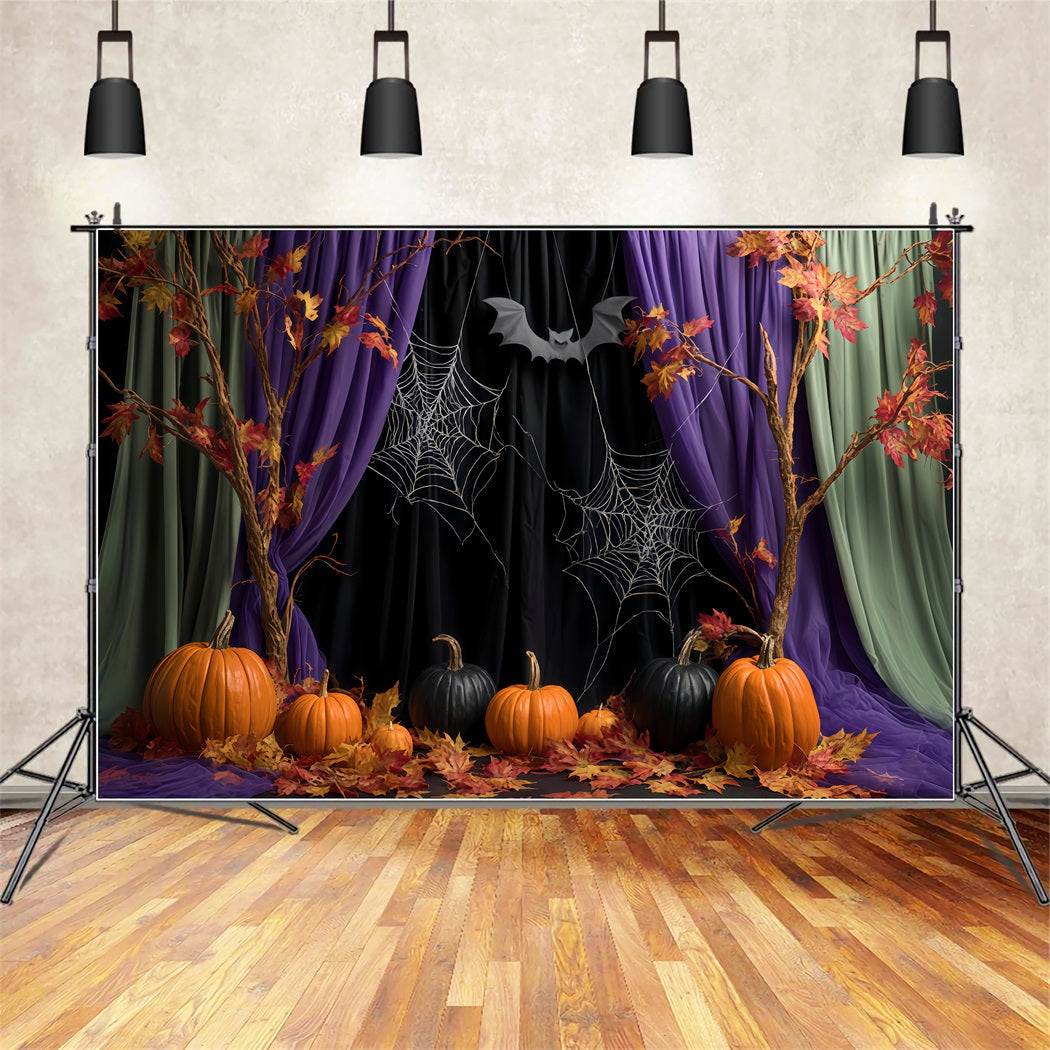 Fond d'Halloween avec araignées, rideaux d'automne et toiles d'araignées Fonds photo d'Halloween TWW510-27