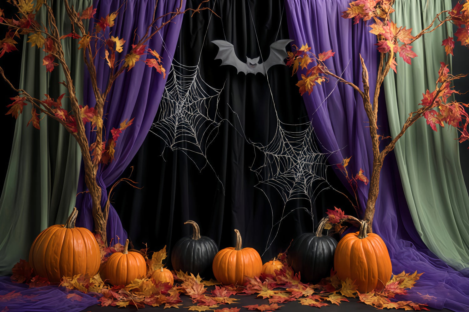 Fond d'Halloween avec araignées, rideaux d'automne et toiles d'araignées Fonds photo d'Halloween TWW510-27