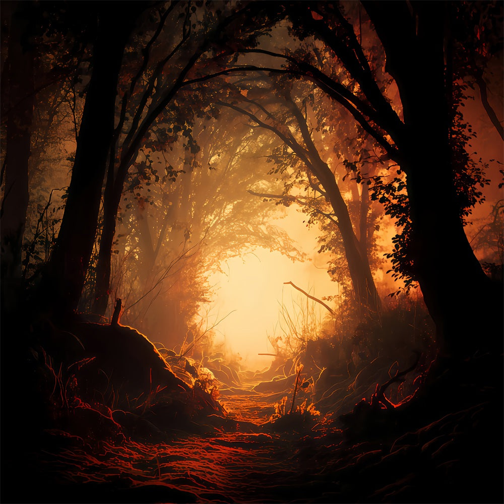 Fond de forêt hantée, forêt enchantée et chemin enflammé Fond photo d'Halloween TWW510-29