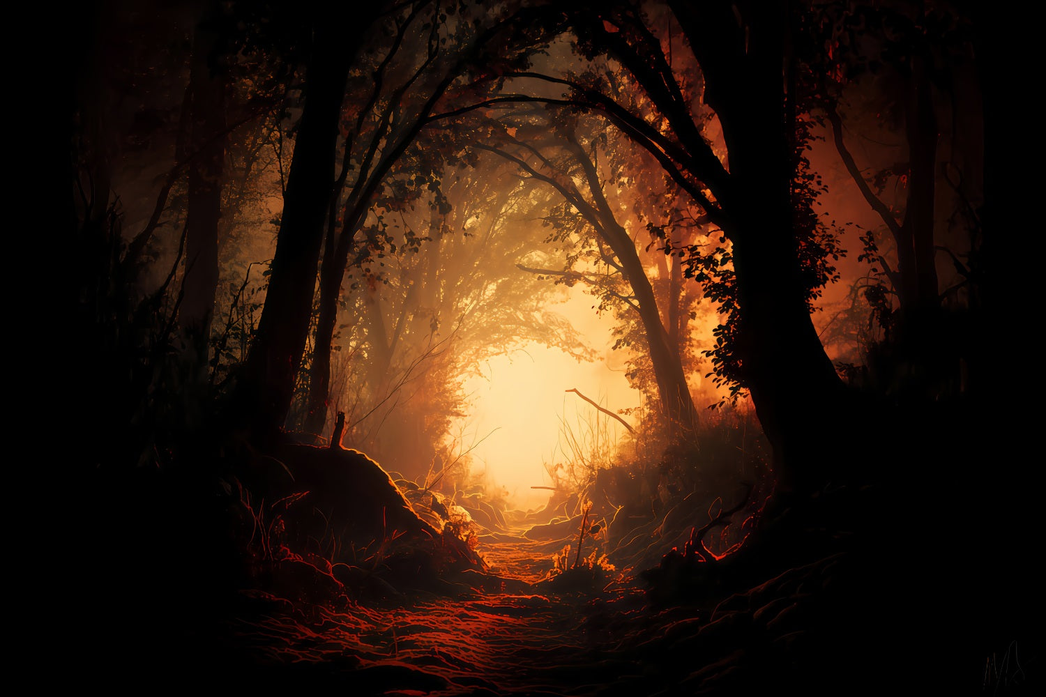Fond de forêt hantée, forêt enchantée et chemin enflammé Fond photo d'Halloween TWW510-29