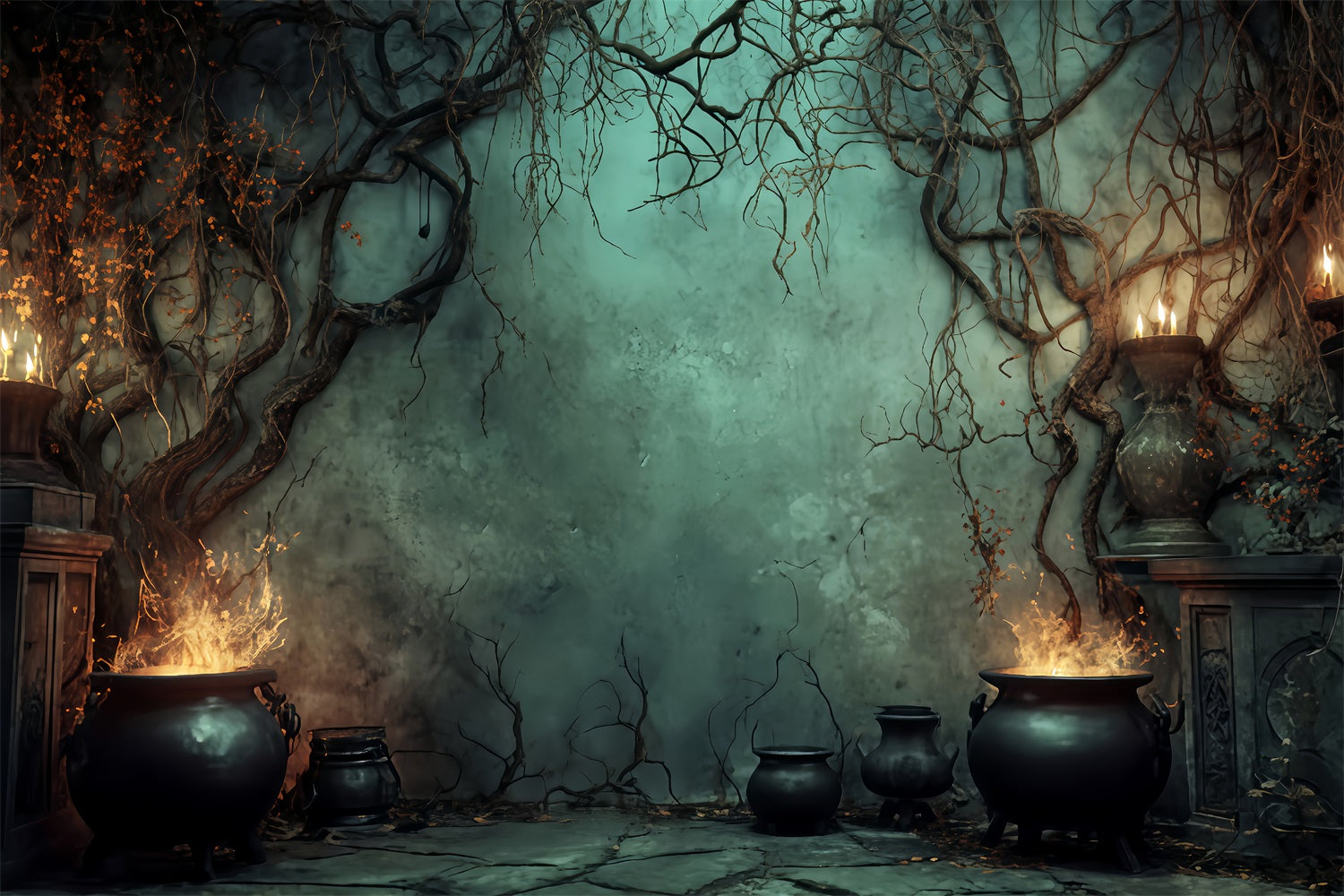 Fond pour Halloween Chaudron de sorcière Flammes de bougies Fonds effrayants pour Halloween TWW510-40