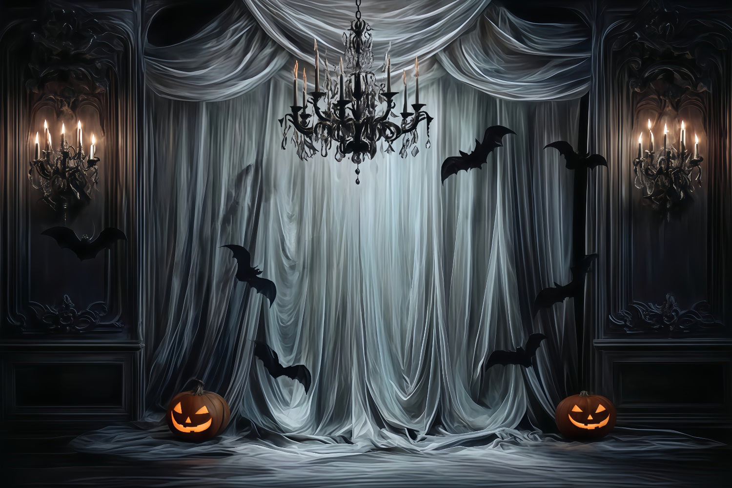 Fond coloré d'Halloween Rideaux gothiques Chauves-souris lumineuses Fond d'Halloween pour photos TWW510-44