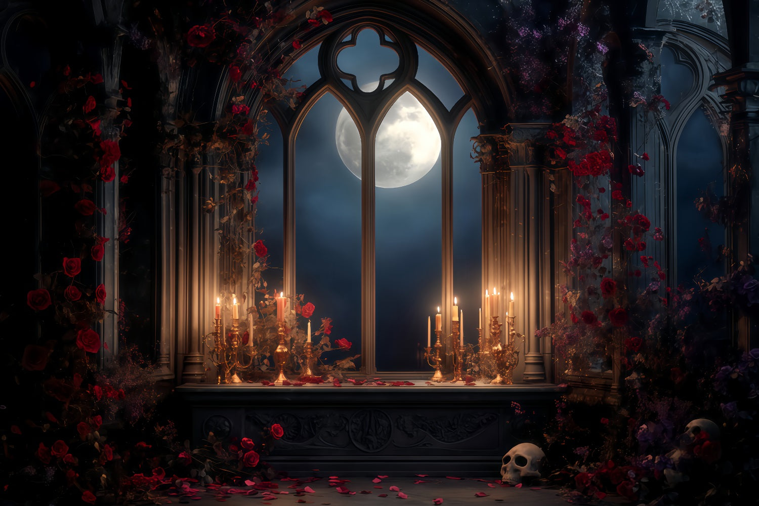 Toiles de fond effrayantes pour Halloween, autel gothique éclairé par la lune, bougies, toiles de fond pour photos d'Halloween TWW510-47