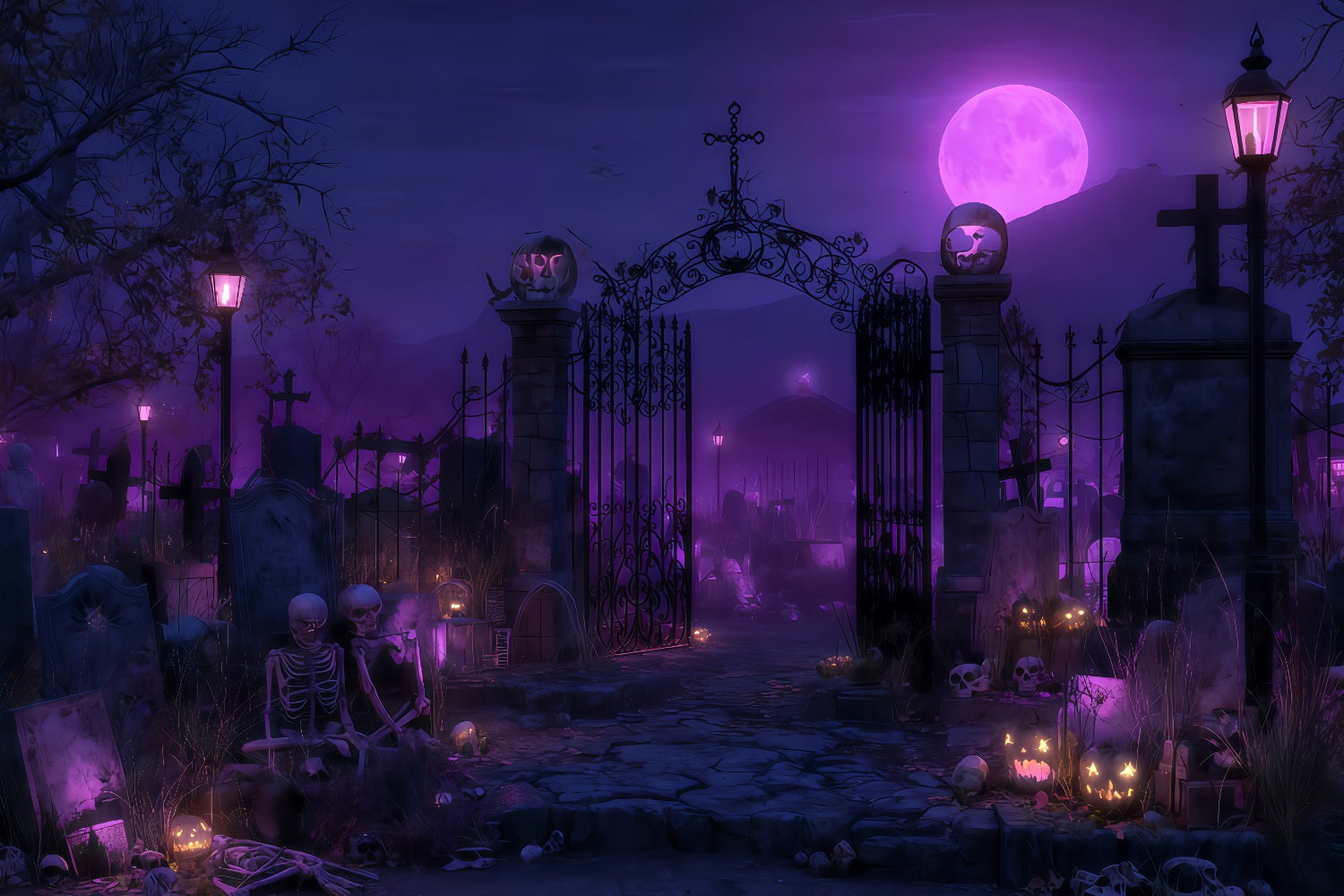 Toile de fond fantôme pour Halloween, lune violette, porte de cimetière, toile de fond pour photos d'Halloween TWW510-49