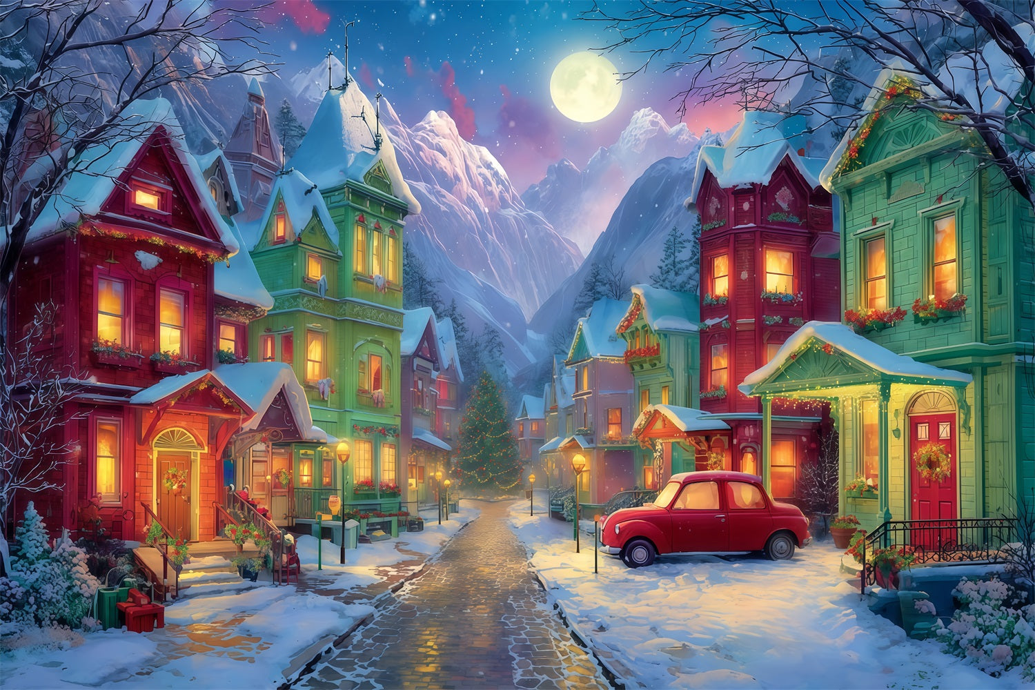 Fond Grinch Village enneigé Nuit de fête Fonds pour photos de Noël TWW510-50