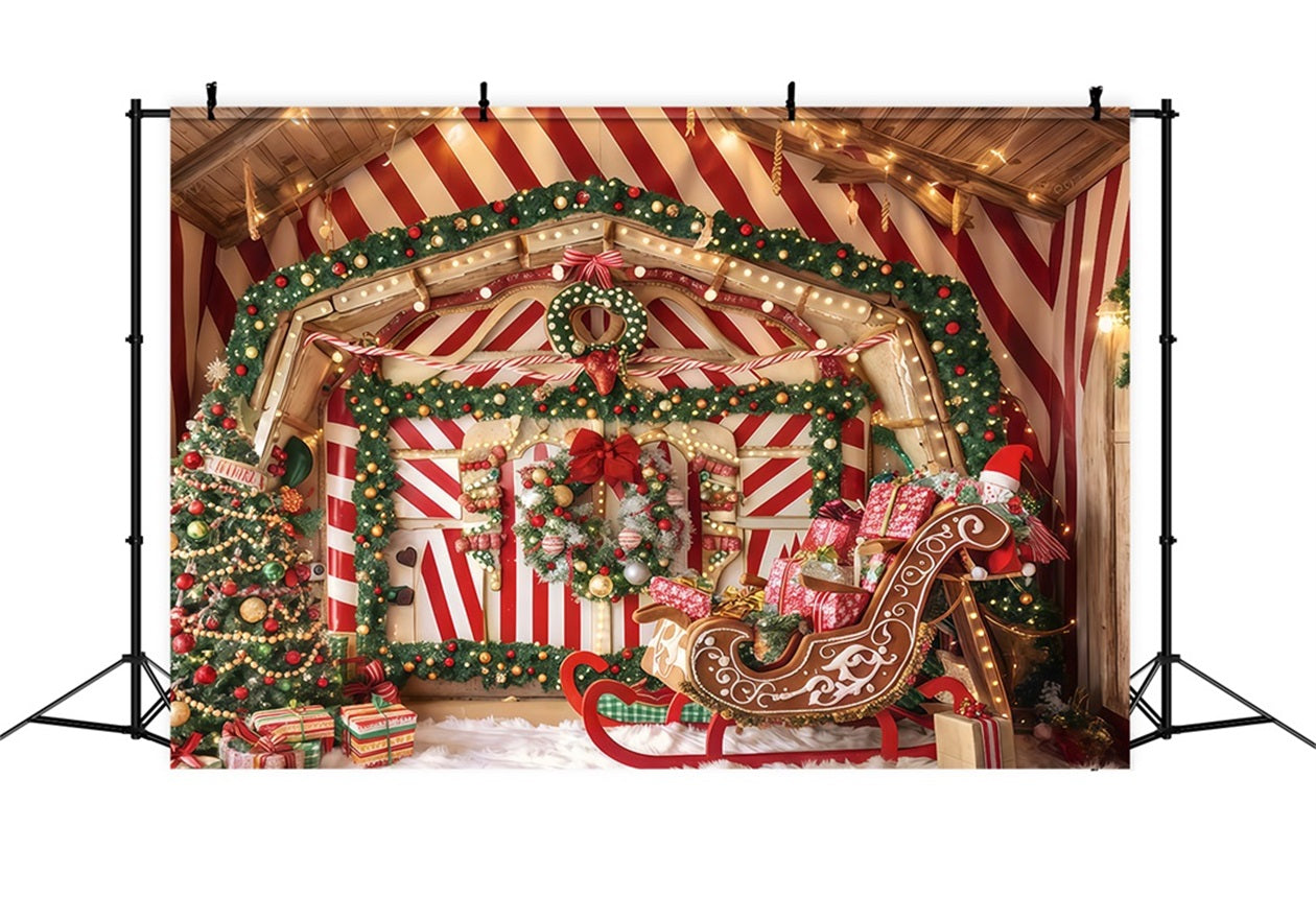 Fond de pain d'épices Traîneau à la menthe poivrée Salle des cadeaux Fond photo de Noël TWW510-52
