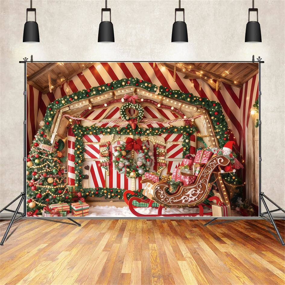 Fond de pain d'épices Traîneau à la menthe poivrée Salle des cadeaux Fond photo de Noël TWW510-52