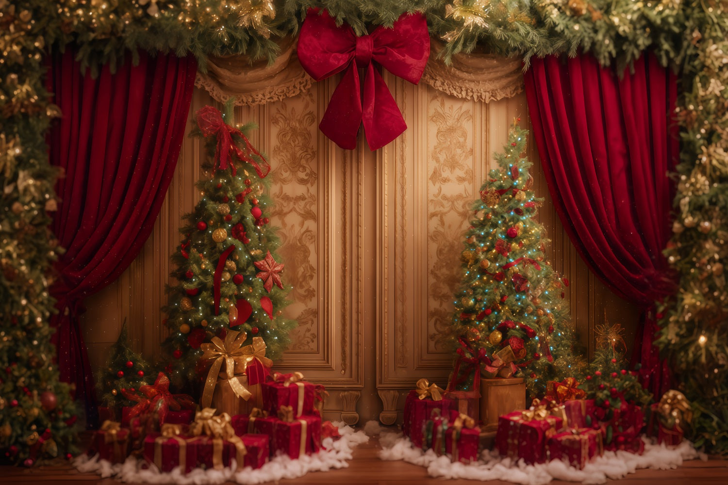Fond mural de Noël Rideau rouge Cadeaux délicieux Fond de Noël TWW510-56