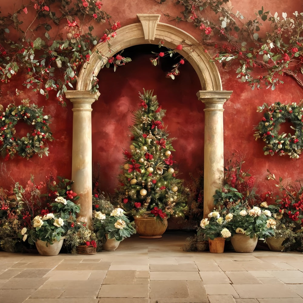 Fond Arbre de Noël Arche rouge Jardin élégant Fonds photo de Noël TWW510-59