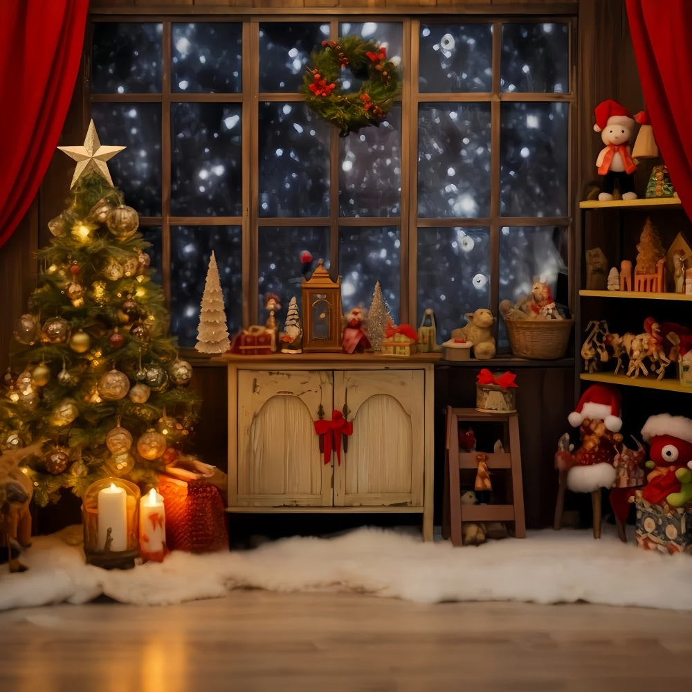 Fond d'atelier du Père Noël Fenêtre confortable Coin jouets Idées de fonds de Noël TWW510-61
