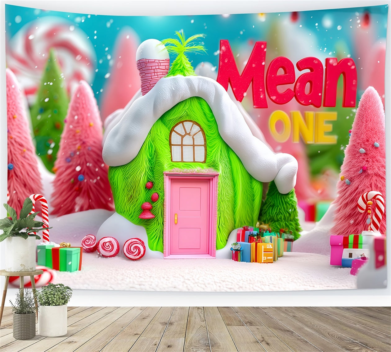 Fond photo Grinch Whoville Green Candy Cottage Fonds de Noël TWW510-63